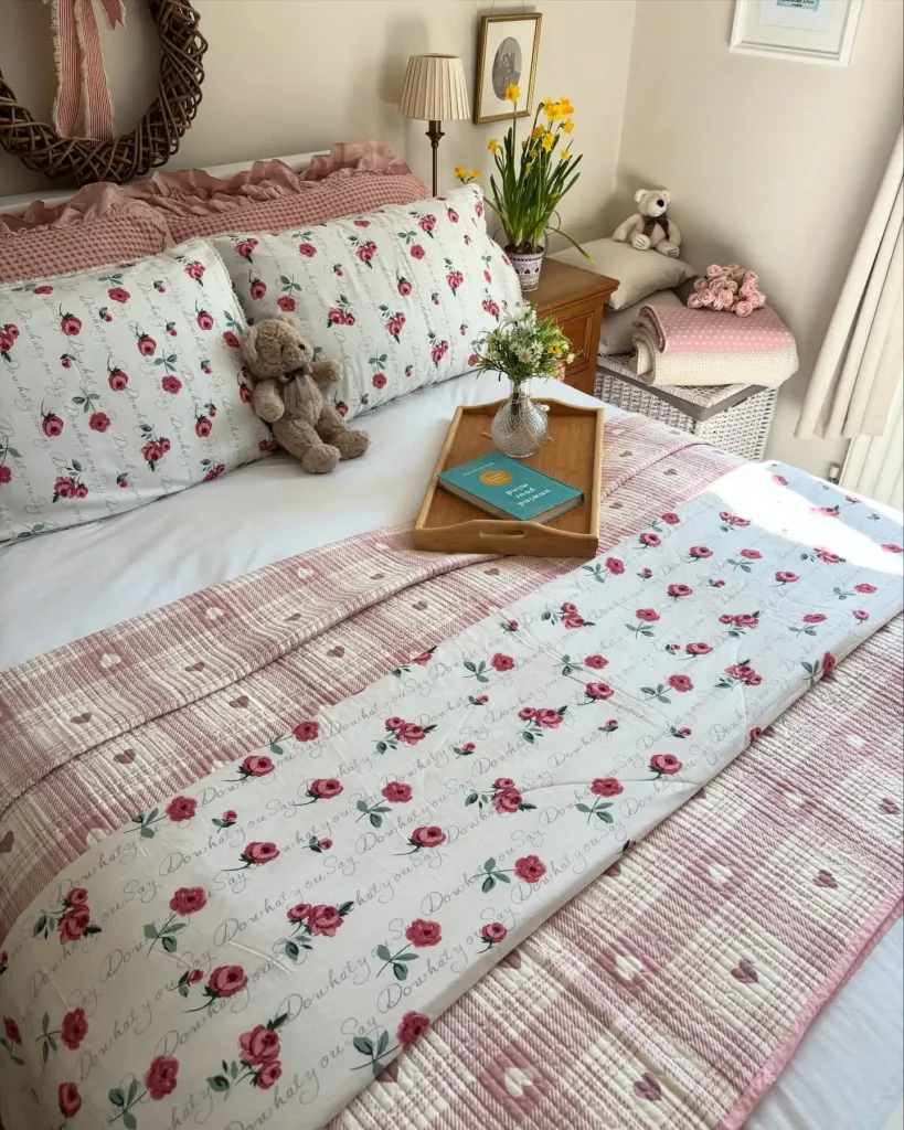 Guest bedroom idea on a budget with floral bedding, teddy bear décor, and fresh flowers.