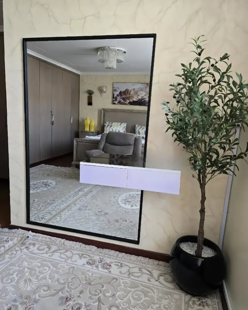 Full length mirror in bedroom with sleek black frame beside indoor tree.