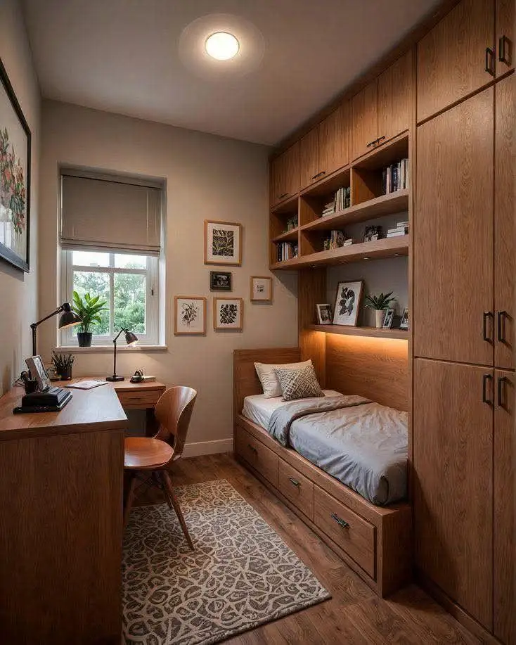 built-in desk, storage cabinets, and wood shelving.