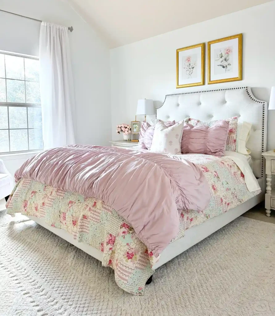 Guest bedroom bedding in blush tones with ruffled pillows and floral quilt.
