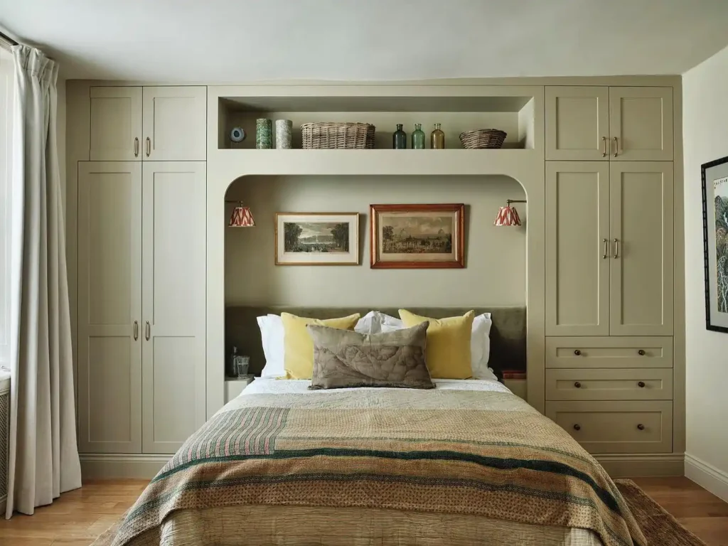 Basement guest bedroom with full cabinetry, neutral tones, and framed bed design.