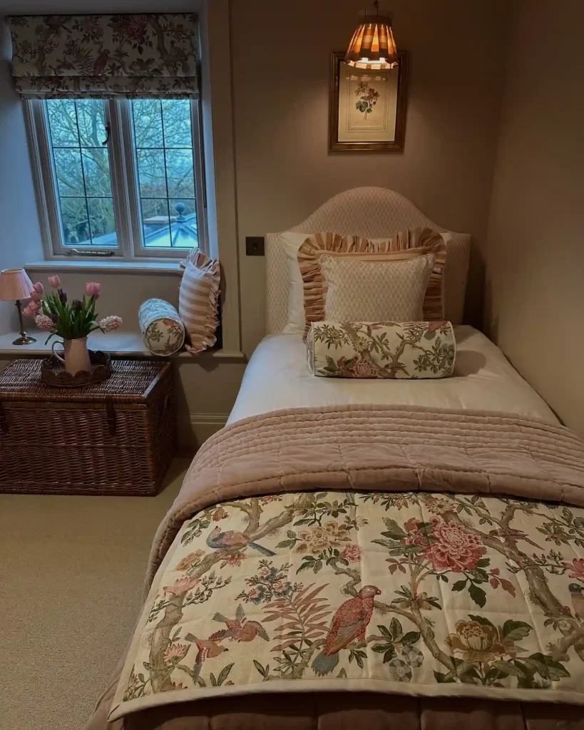 Single guest bedroom bedding with floral quilt, striped pillows, and wicker accents.
