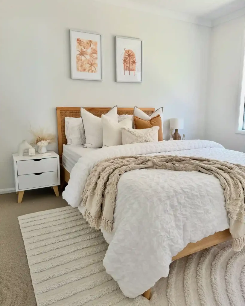 Minimalist bedding with white quilt, textured throw, and neutral tones.
