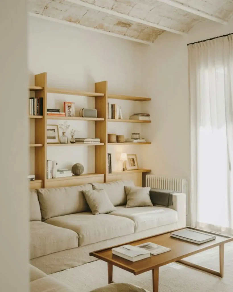 Neutral living room with wooden floating shelves and soft beige sofa as modern wall decor above couch.
