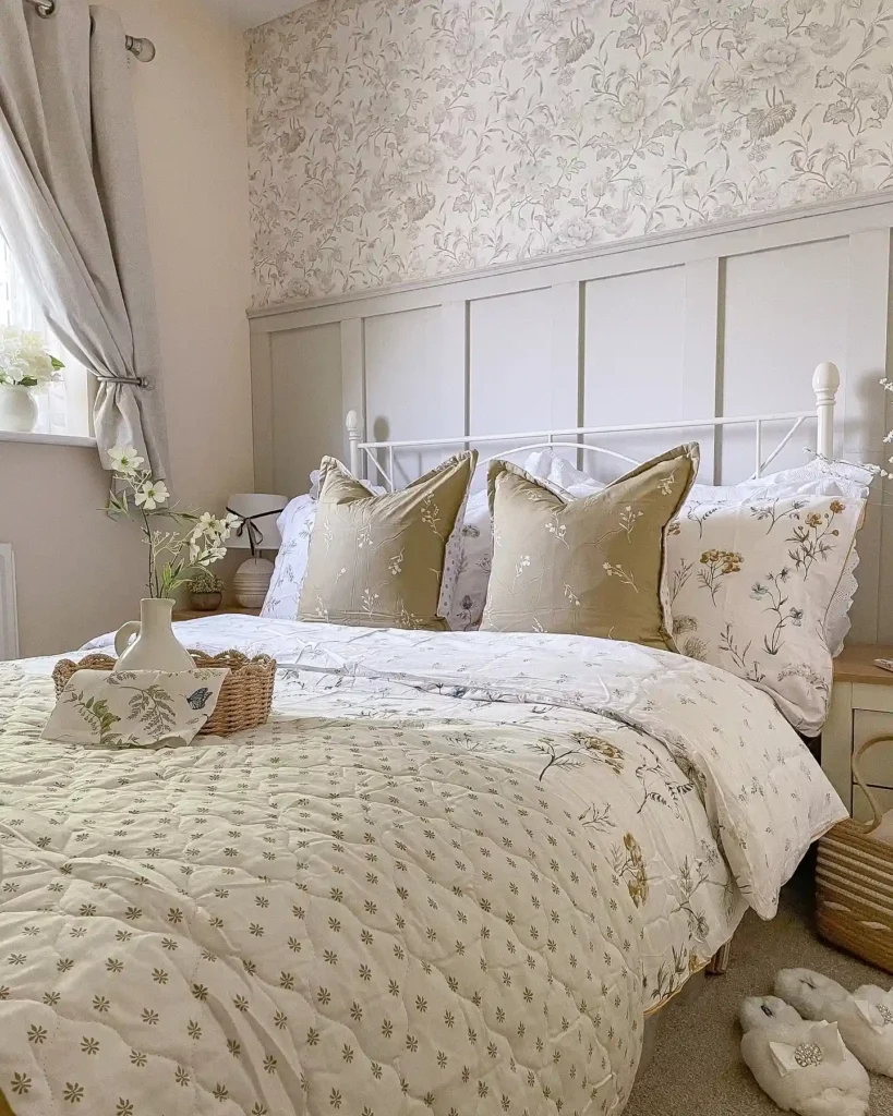 bedding in floral prints with green pillows and neutral tones.
