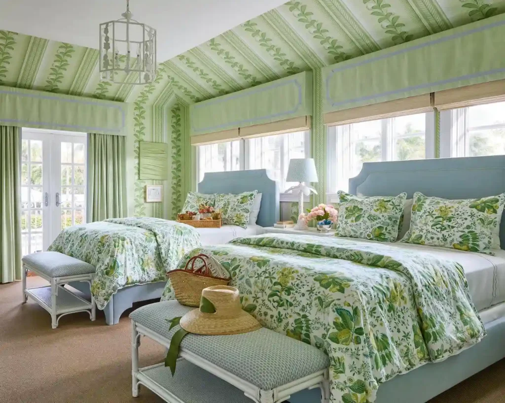 Botanical-inspired guest bedroom bedding with green floral prints and blue headboards.