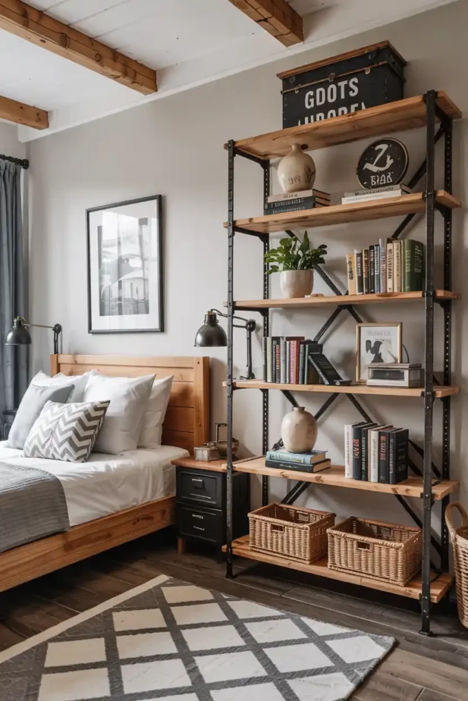 Add Industrial Bookshelves-guest room ideas