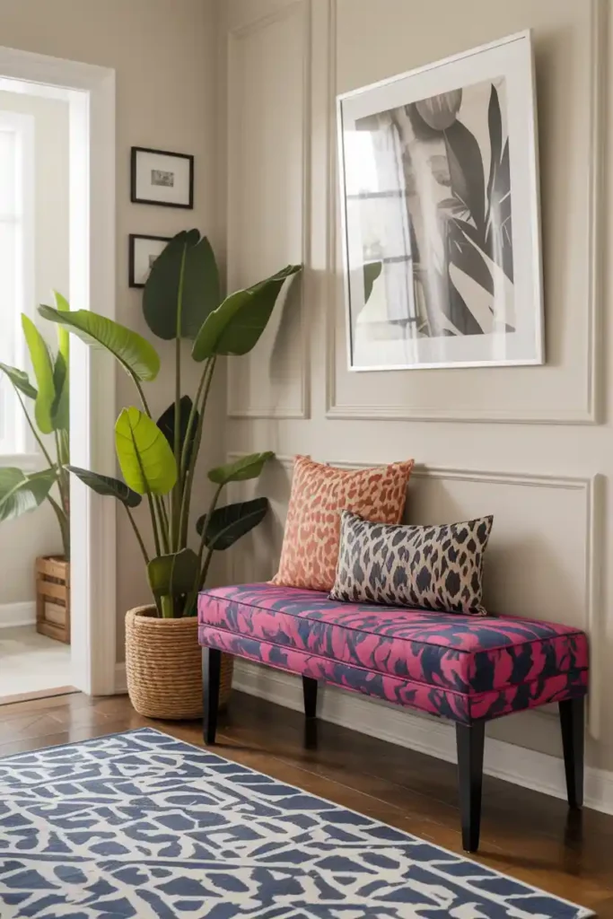 Bold Patterned Bench-entryway bench decor ideas