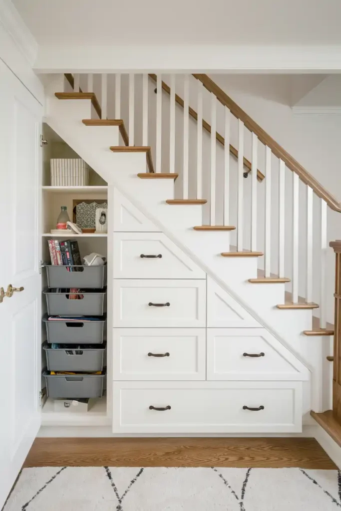 Built-In Storage Drawer System-basement stairs ideas