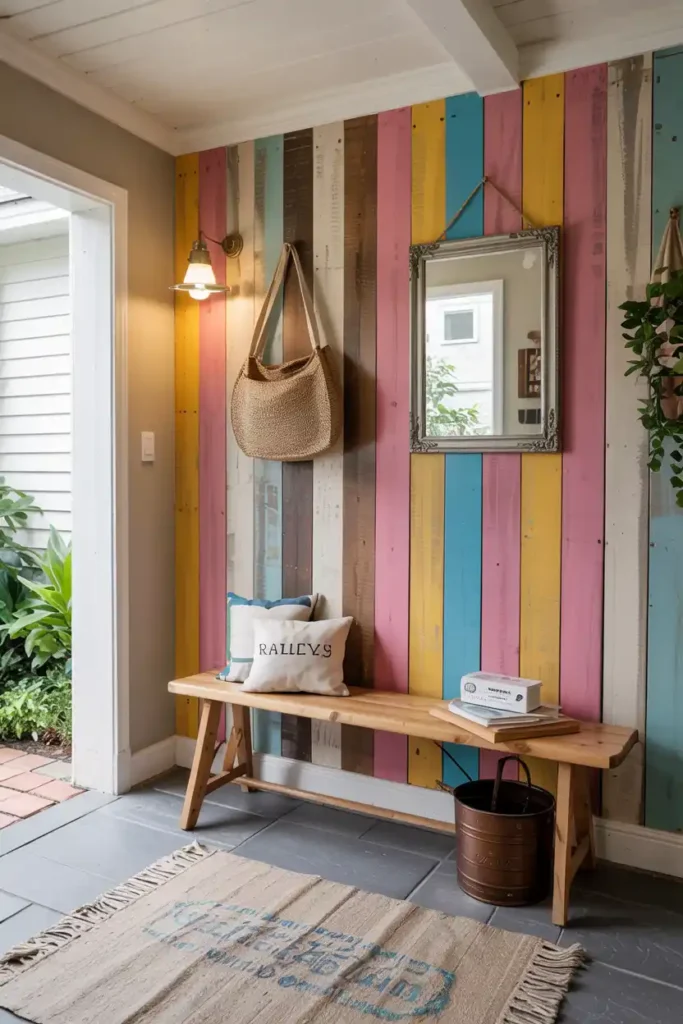 Colorful Wood Panels-entryway accent wall