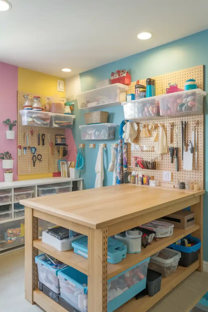 Craft Room with Everything in Its Place-basement design ideas