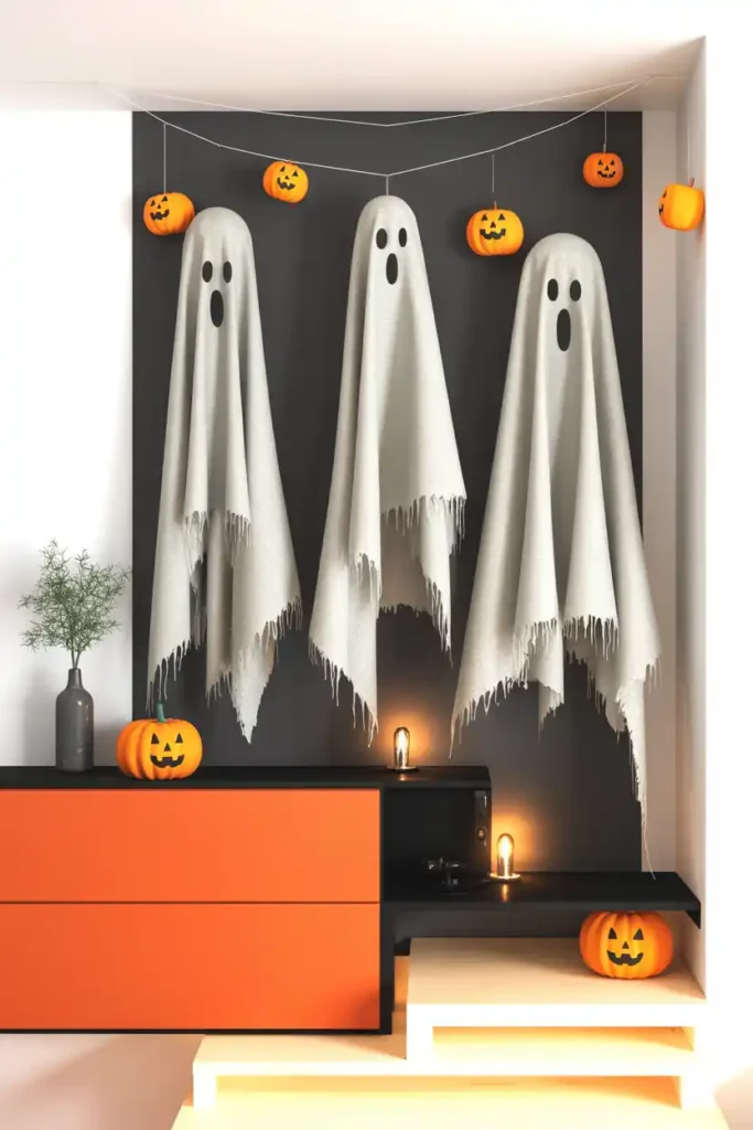 Dangling Cheesecloth Ghosts-diy halloween wall