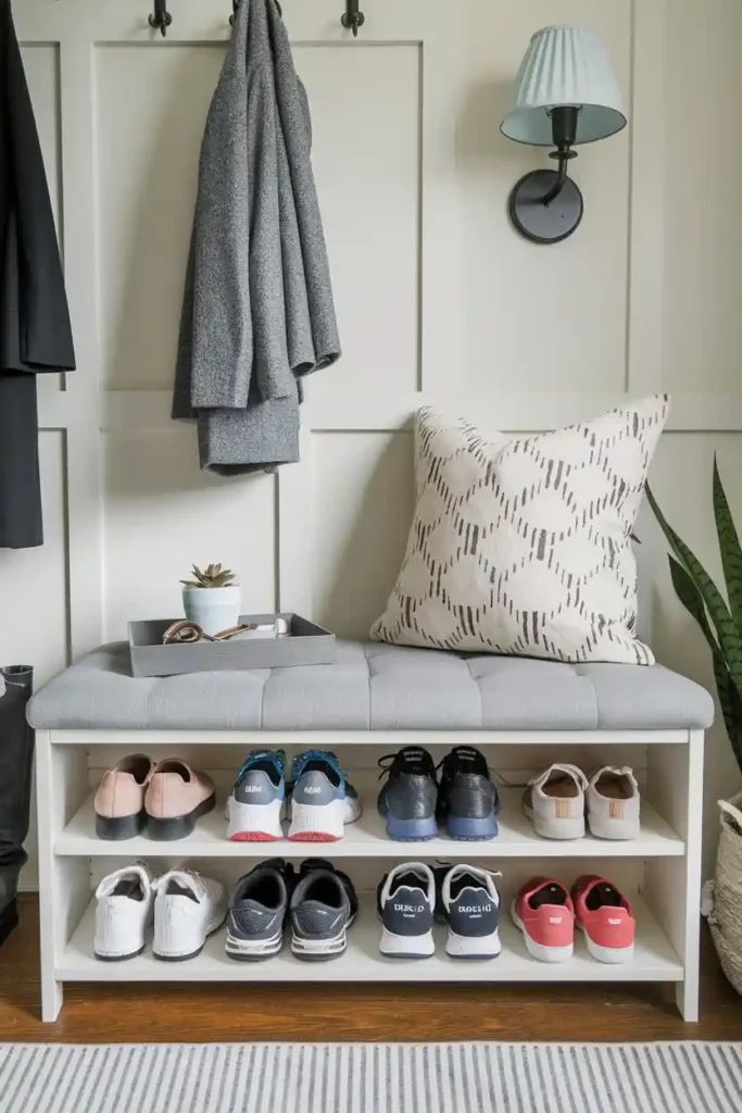 Double-Duty Shoe Storage Bench-entryway bench decor ideas