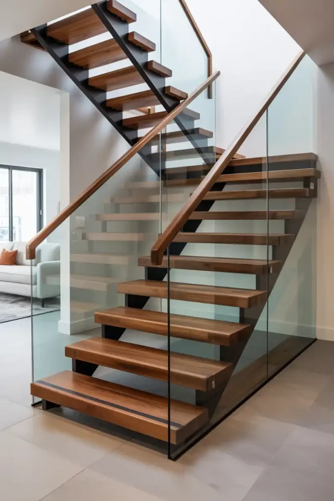 Floating Wood Treads with Glass Railings-basement stairs ideas