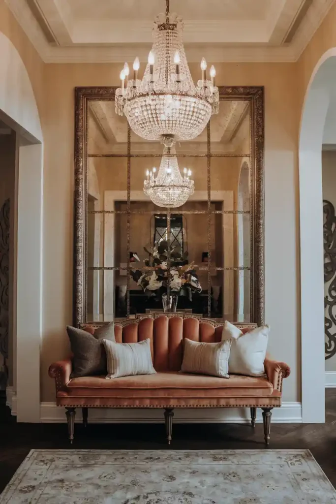 Grand Chandelier Moment-entryway bench decor ideas