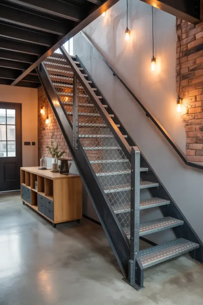 Industrial Steel Staircase with Edison Bulb Lighting-basement stairs ideas