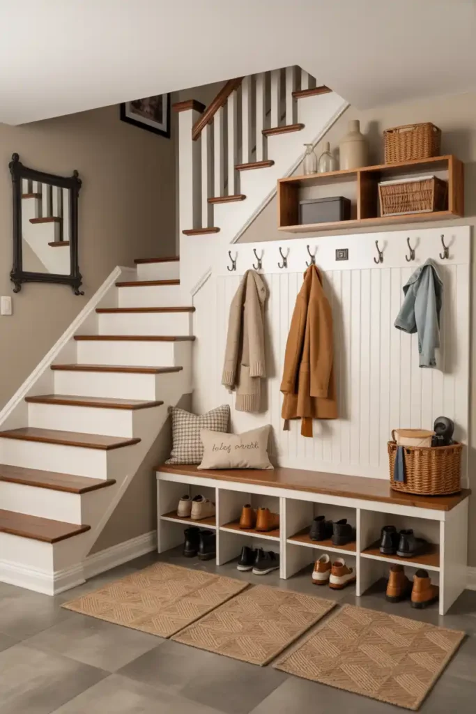 Integrated Mudroom Storage-basement stairs ideas