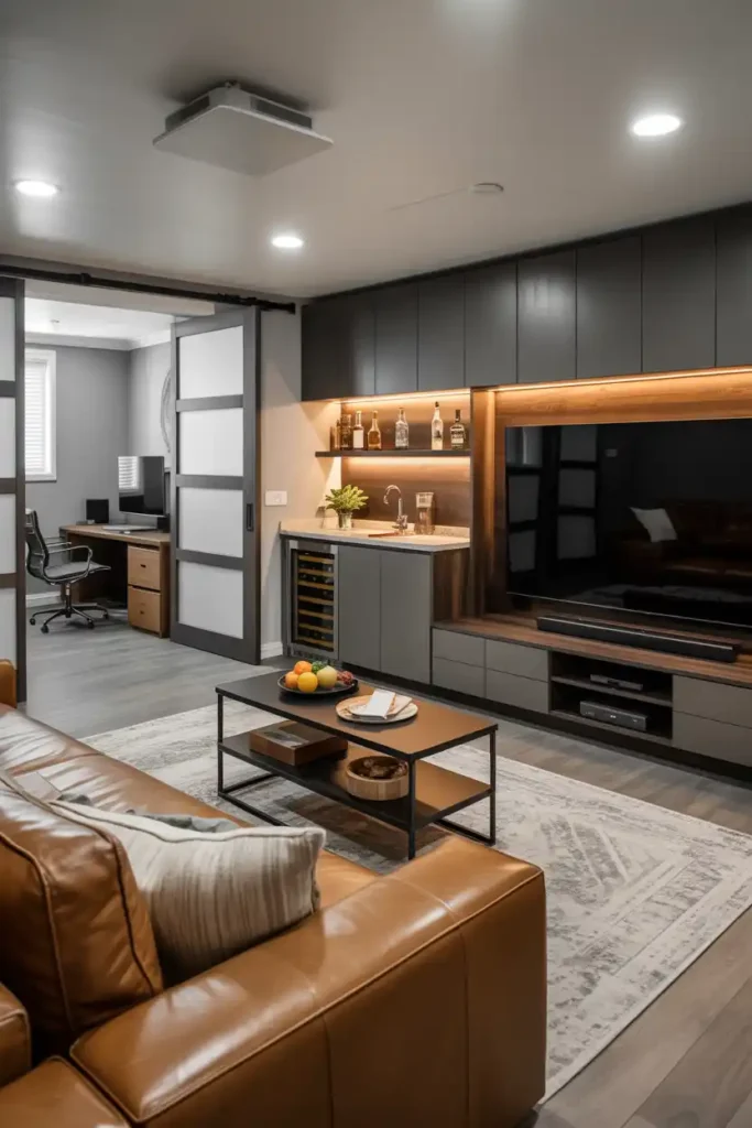 Modern Media Room with Built-in Storage-basement design ideas