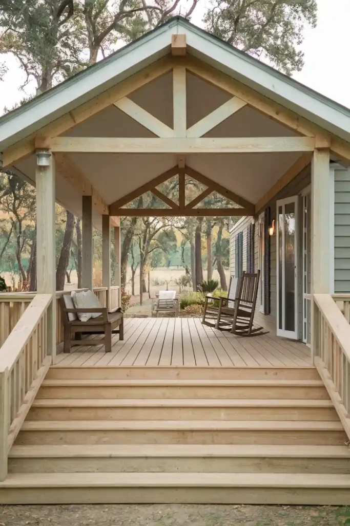 Natural Wood Elegance-double wide front porch ideas