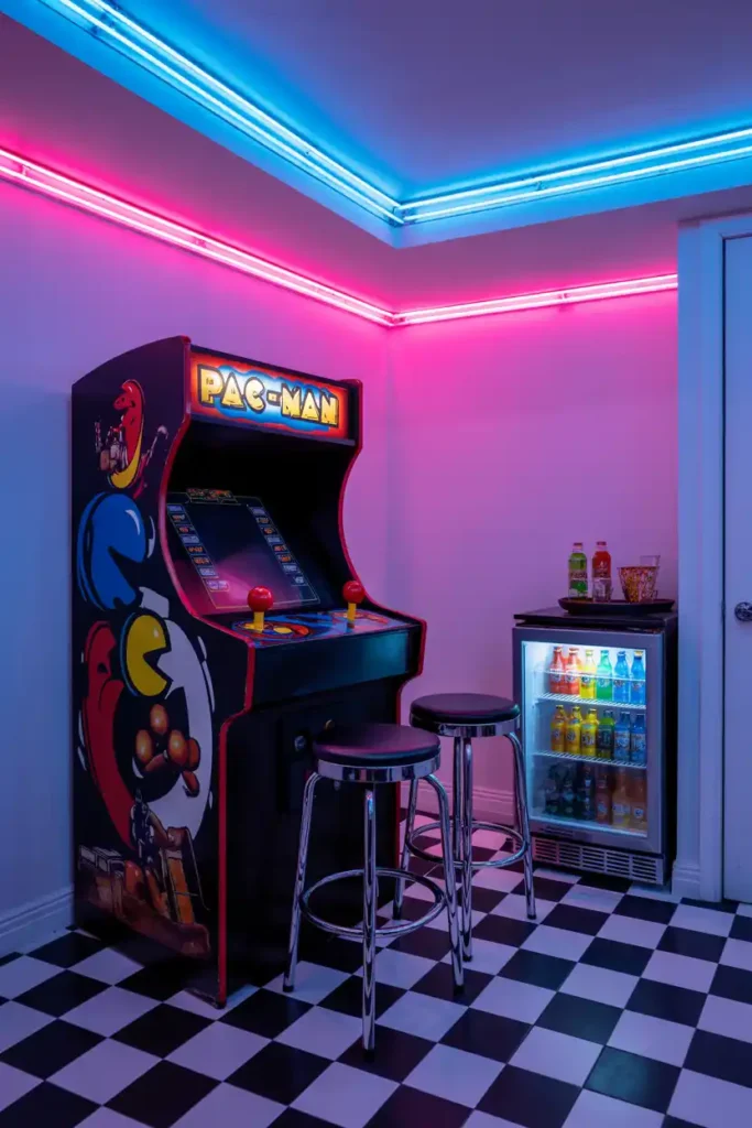 Retro Arcade Corner That Actually Rocks-basement design ideas