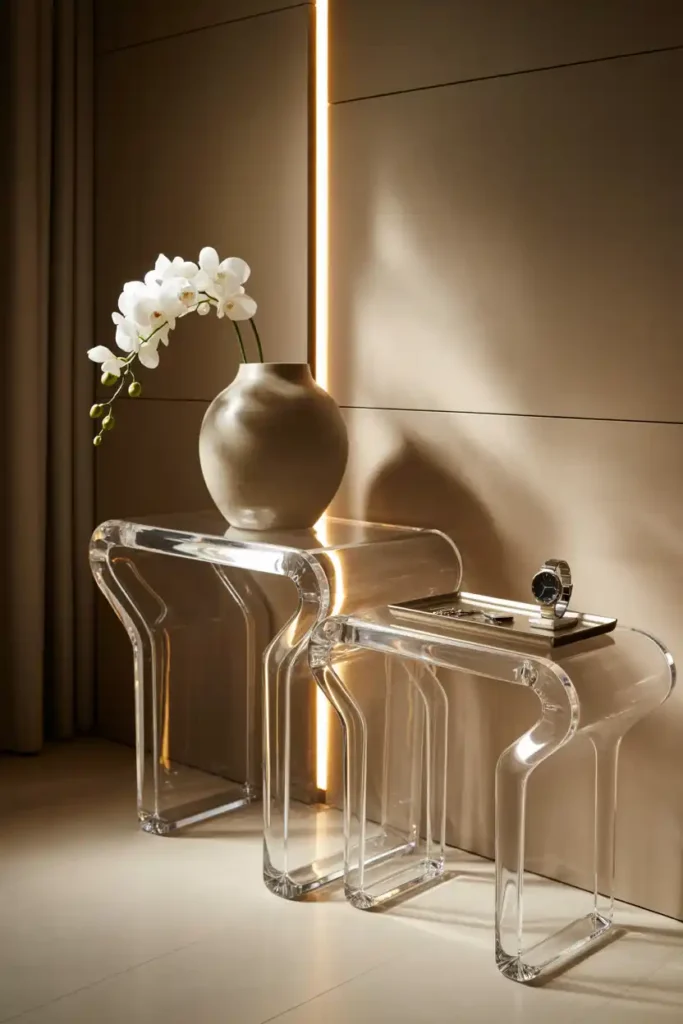 Sculptural Console Tables with Acrylic Elements