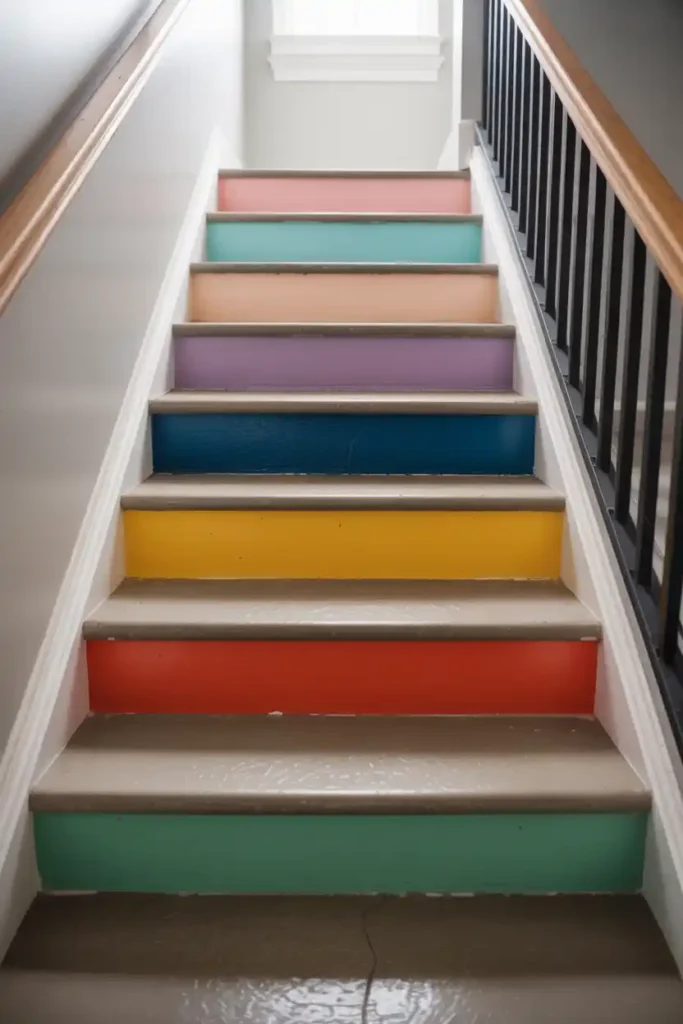 Vibrant Painted Riser Design-basement stairs ideas