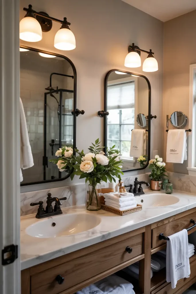 Black Matte Framed Mirrors with Warm Sconces