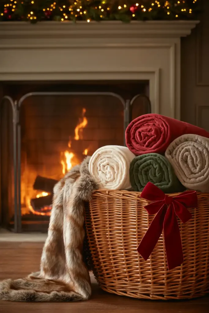 Blanket Basket by the Fireplace