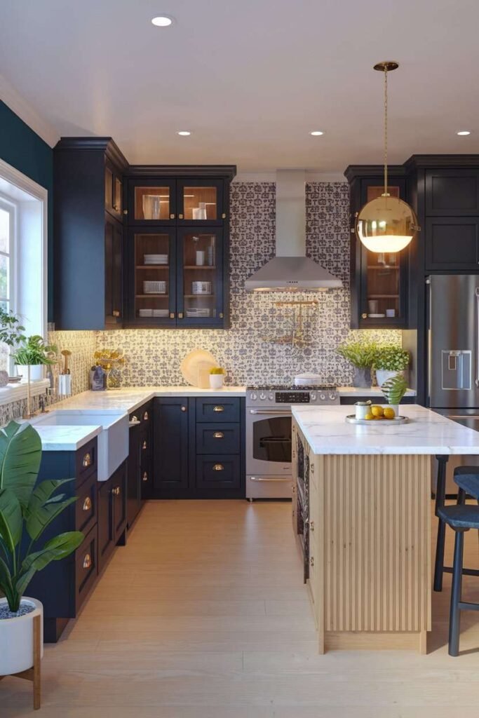 Dark Cabinets with Light Island Contrast