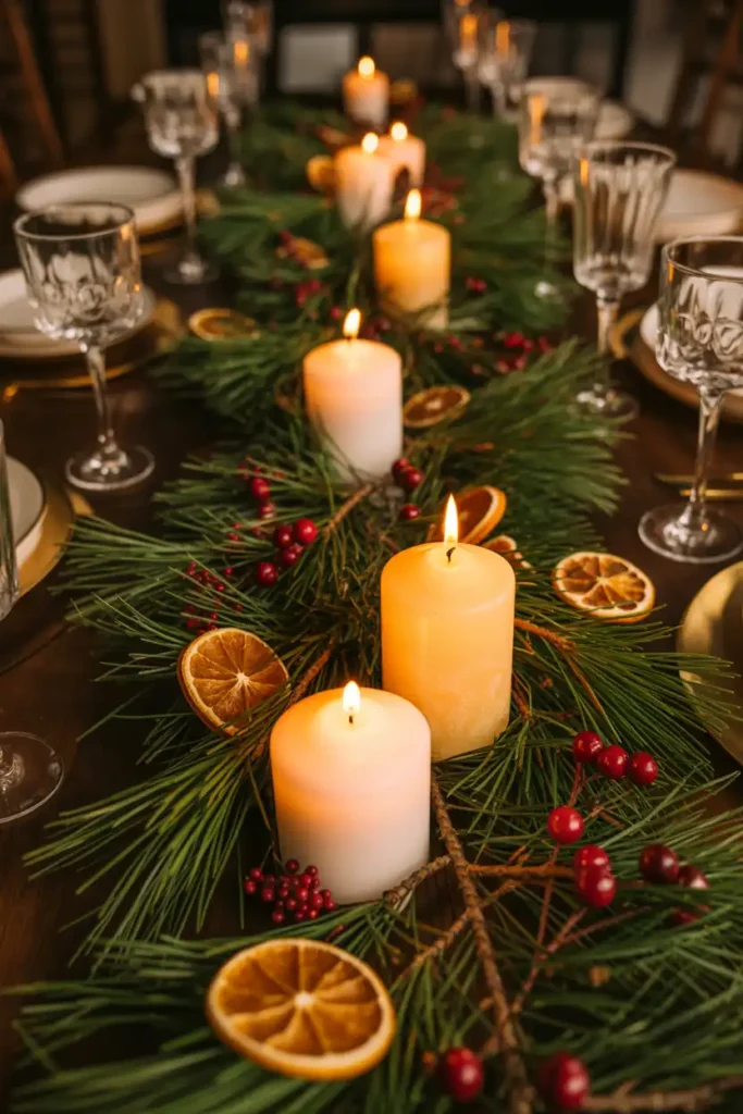 Dining Room Centerpiece with Pine and Candles