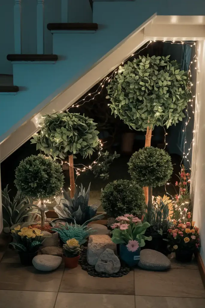 Artificial Plant Setup with Fairy Lights