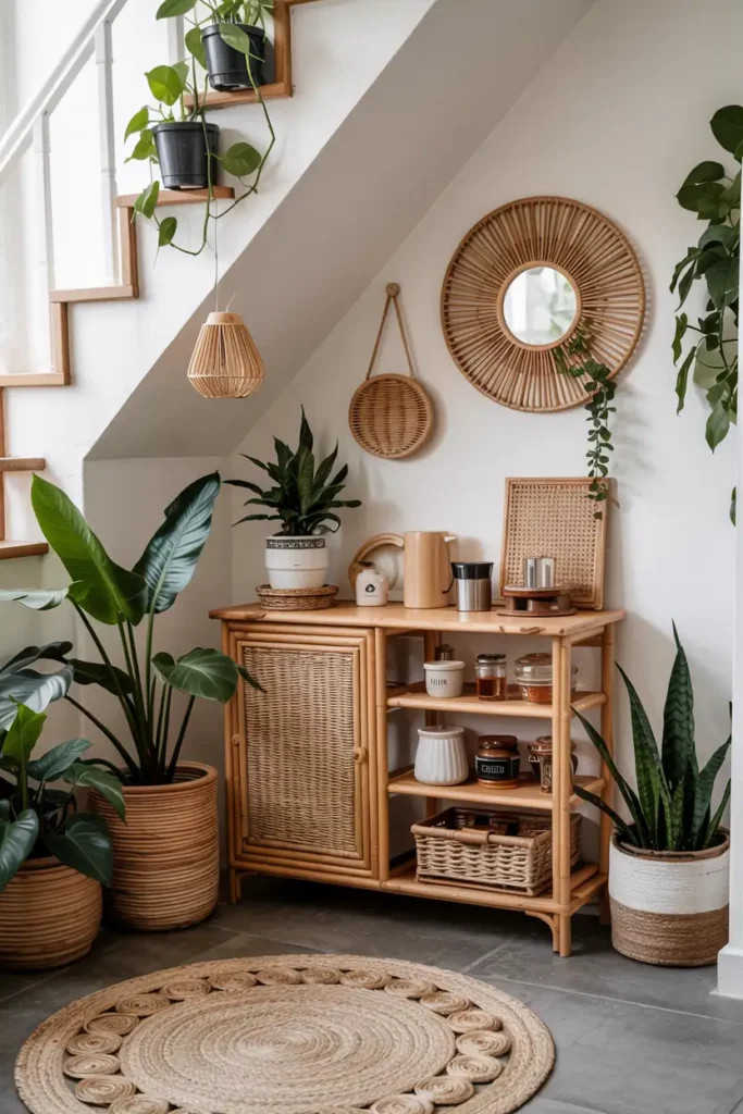 Boho Inspired Bar with Rattan Decor and Plants