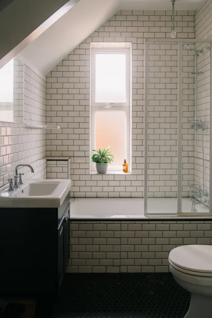 Bright Under Stairs Bathroom with Subway Tile