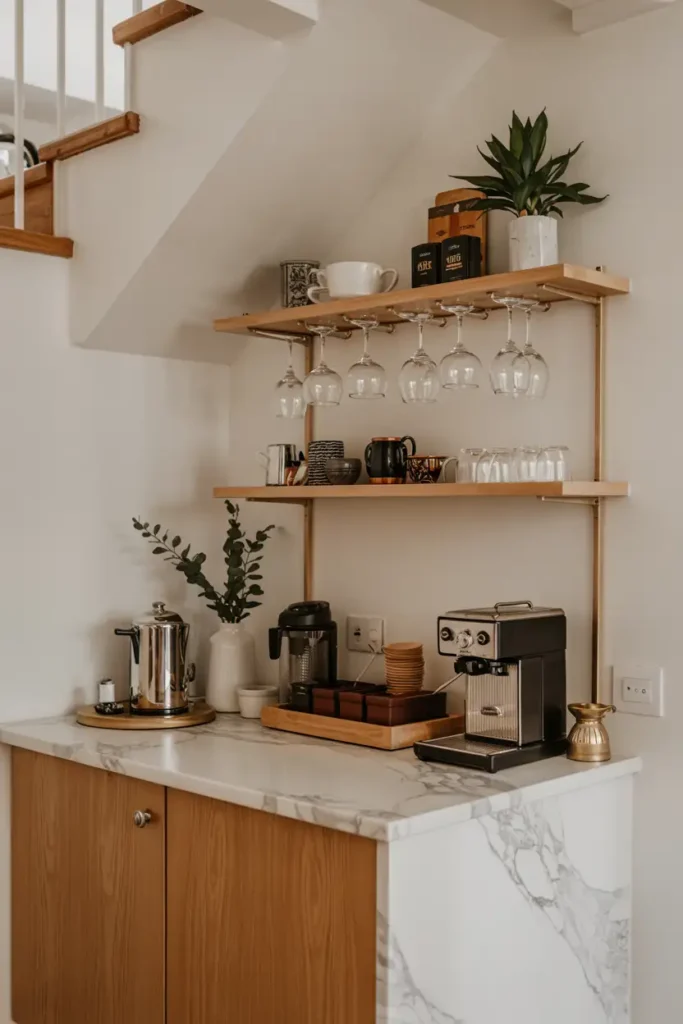 Chic Marble Counter Bar with Glass Cup Display