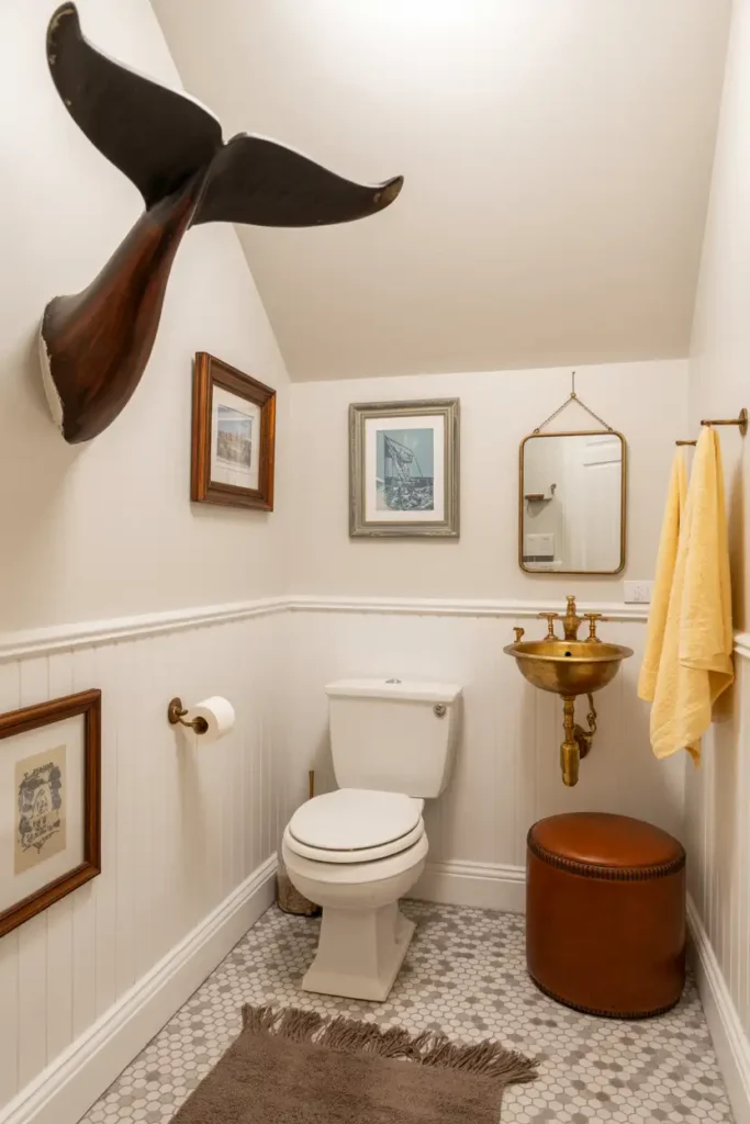 Coastal Inspired Under Stairs Bathroom with Brass Sink