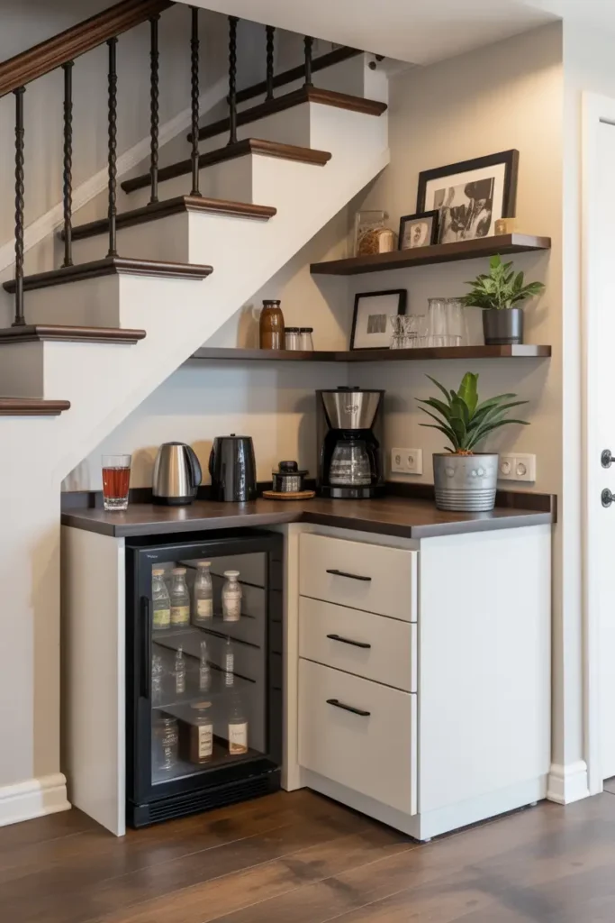 Compact Corner Bar with Mini Fridge and Drawer Units