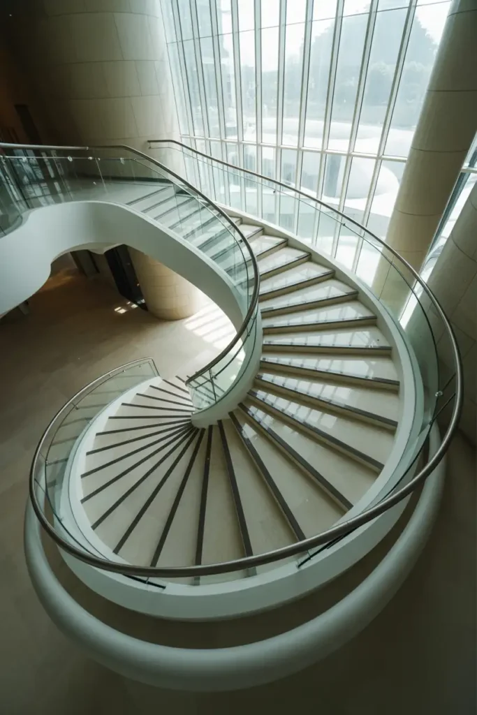 Curved Staircase with Continuous Glass Panels