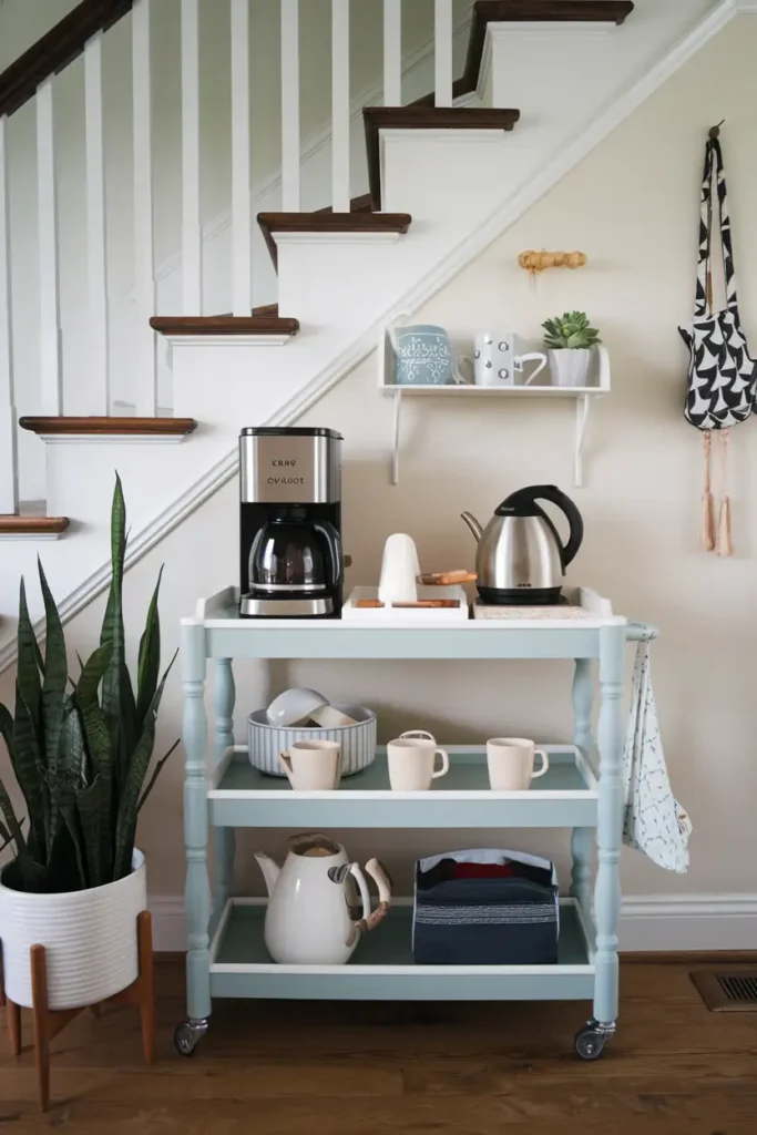 DIY Rolling Cart Coffee Bar Under Stairs 1