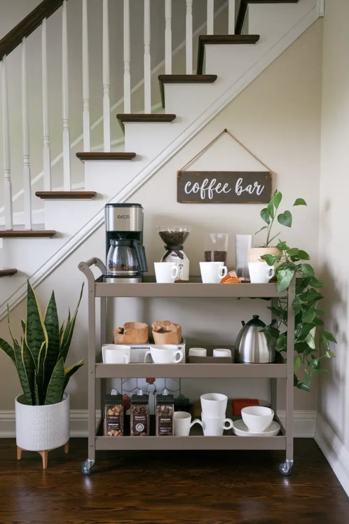 DIY Rolling Cart Coffee Bar Under Stairs