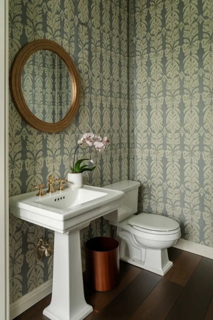 Elegant Under Stairs Bathroom with Patterned Wallpaper