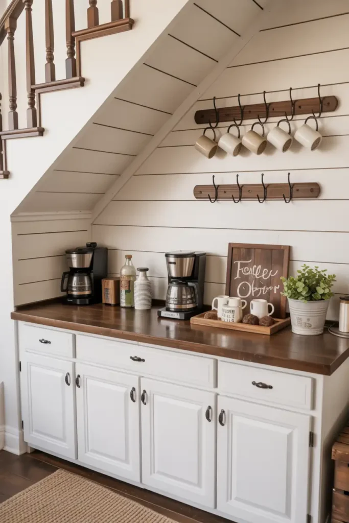 Farmhouse Coffee Bar with Shiplap Wall and Hooks