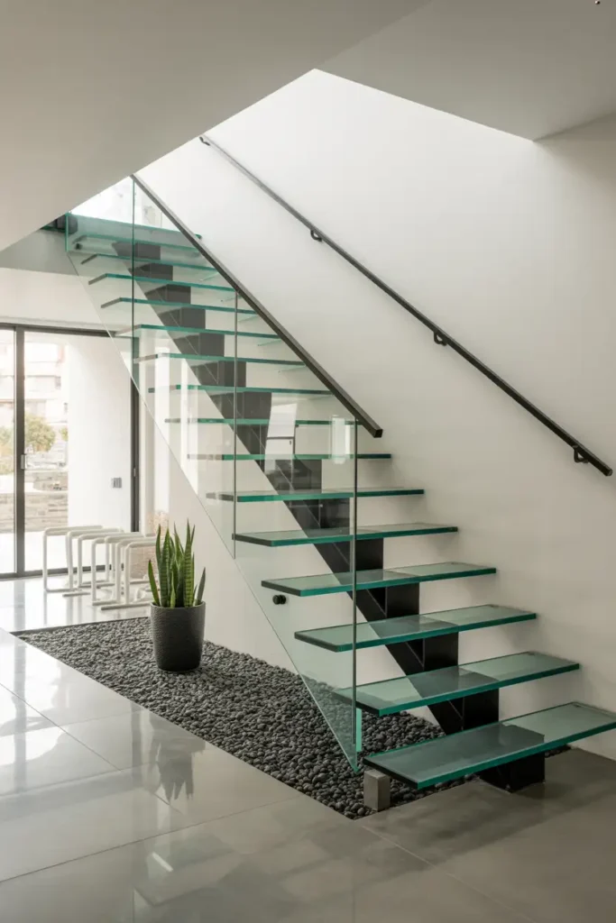 Floating Glass Steps with Metal Spine Support