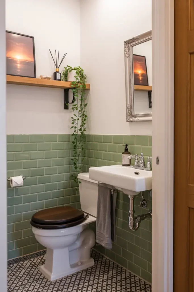 Fresh Green Tile Under Stairs Bathroom Look