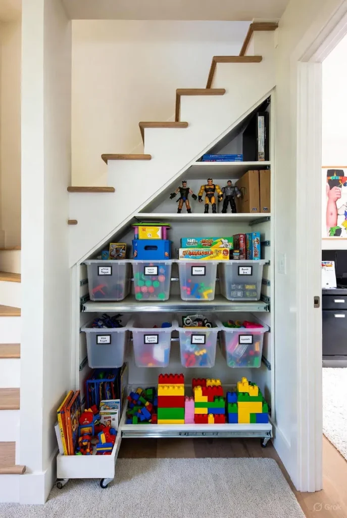 Hidden Toy Storage Room with Pull Out Bins