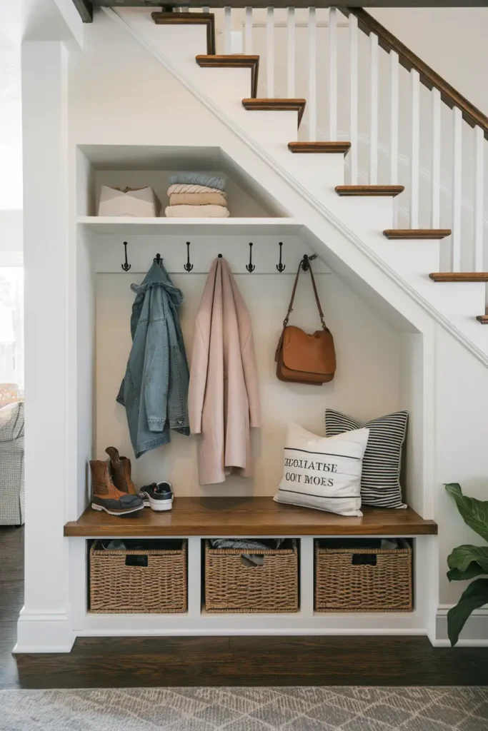 Open Concept Coat Closet with Hooks and Bench