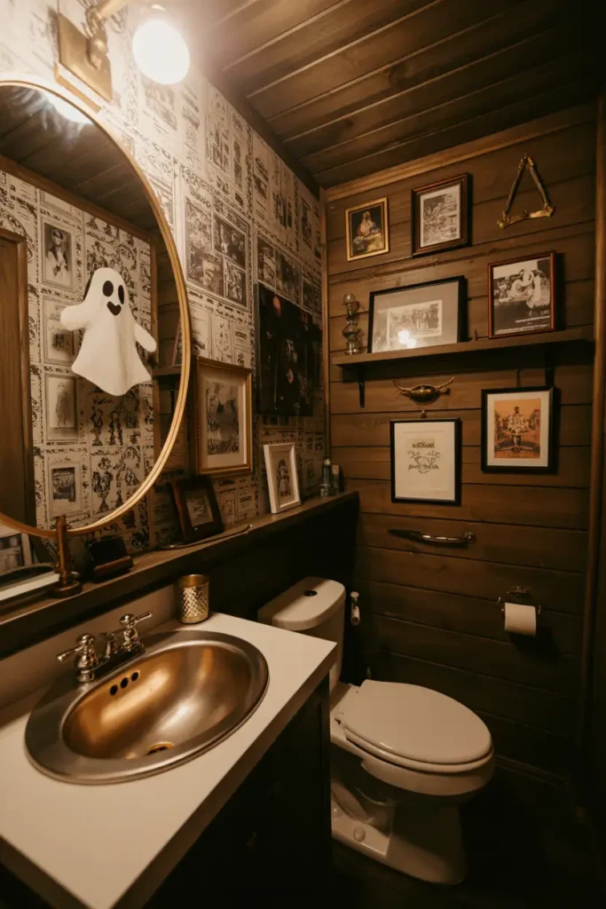 Rustic Under Stairs Bathroom with Warm Wood Walls