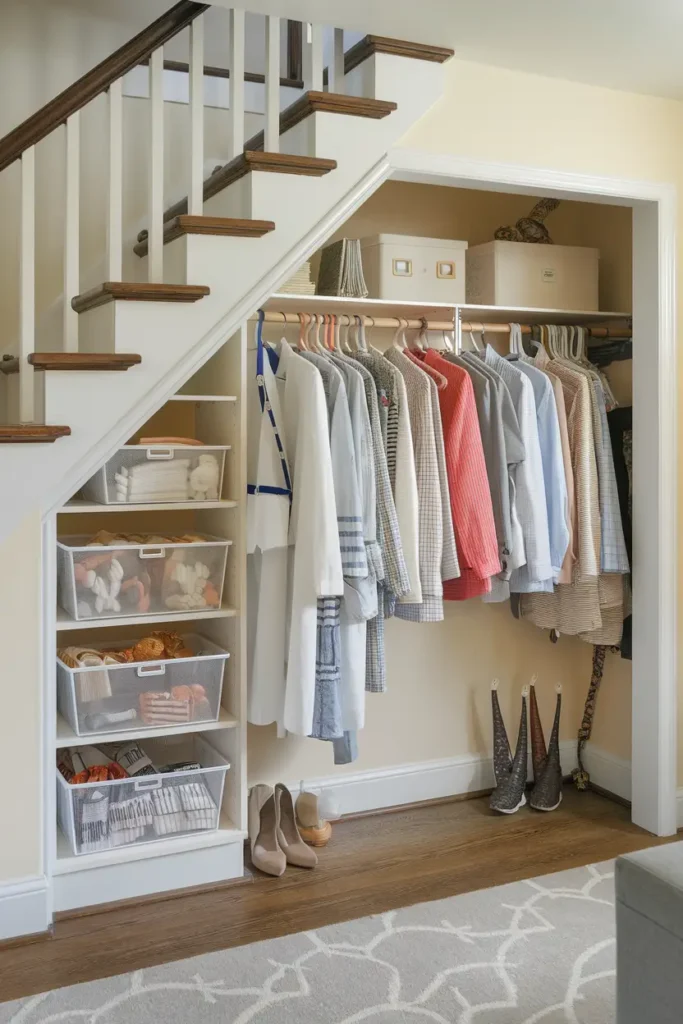 Seasonal Closet with Pull Down Hangers and Boxes