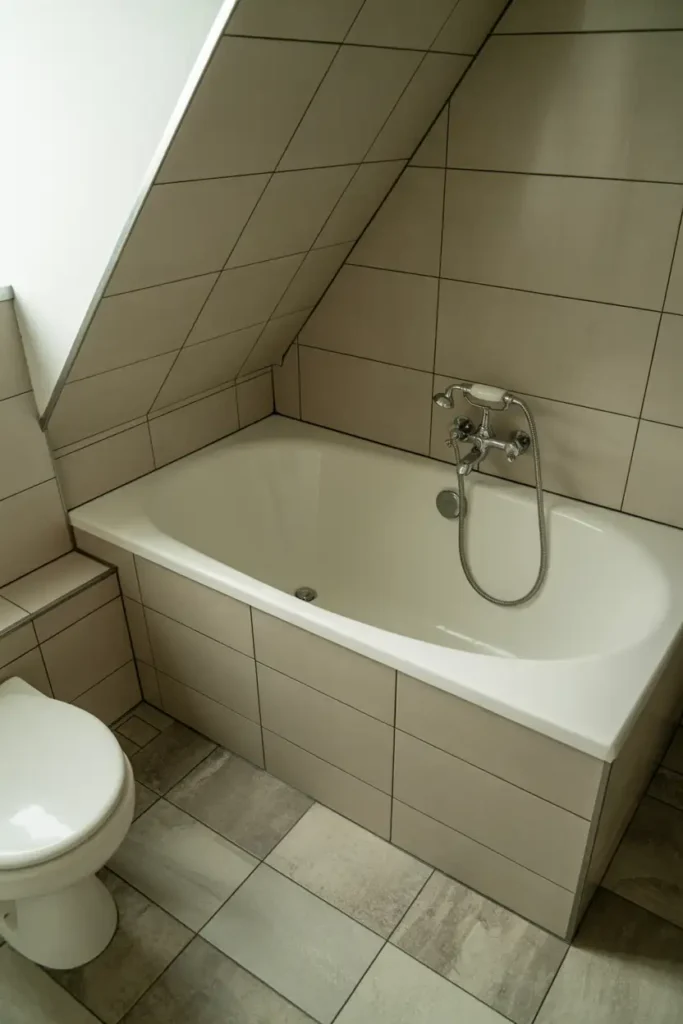 Simple Under Stairs Bathroom with Sloped Tile Wall