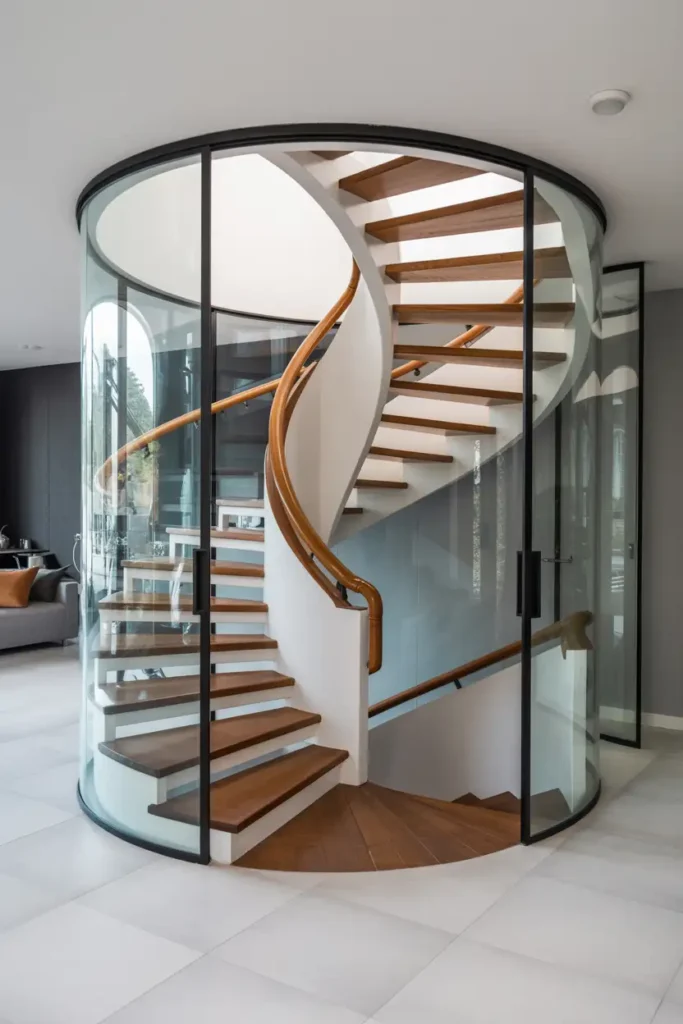 Spiral Staircase Wrapped in Curved Glass