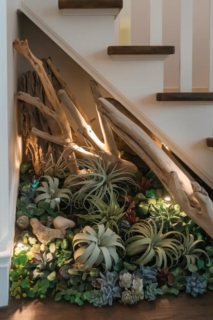 Under Stair Garden with Driftwood and Lighting